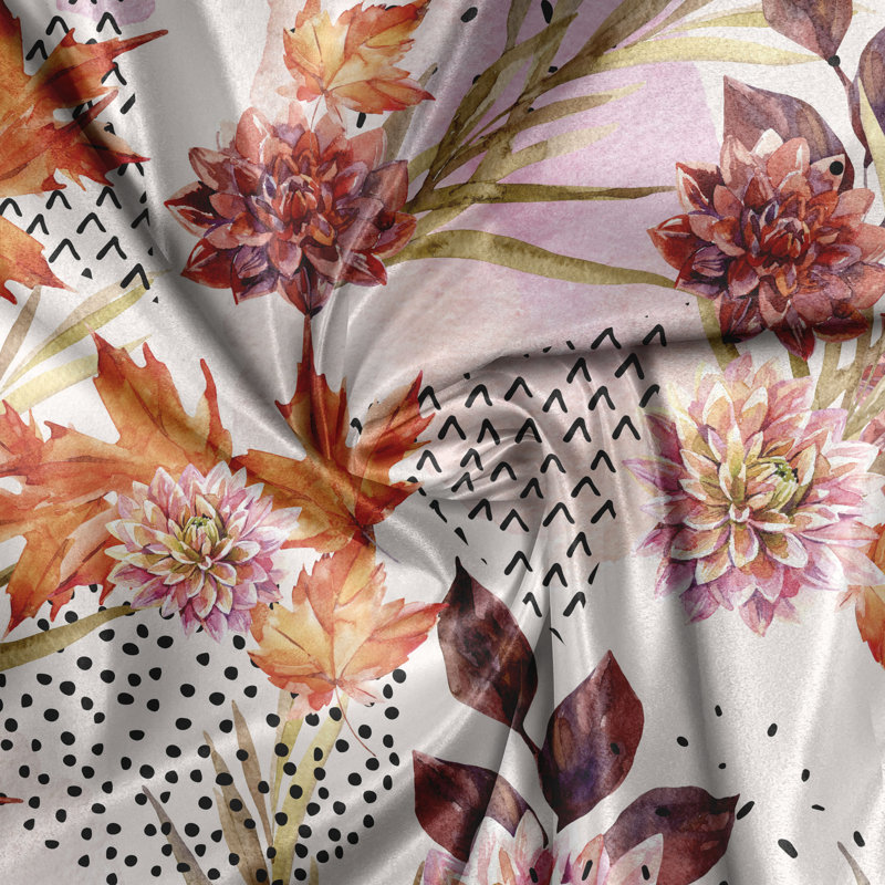 Rustic curtain, autumn dahlia flowers, floral design, cinnabar red baby pink ruby
