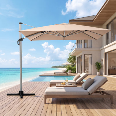 Parasol de patio carré 11 pi beige avec base, réglage de l'inclinaison et rotation de la pédale à 360 °