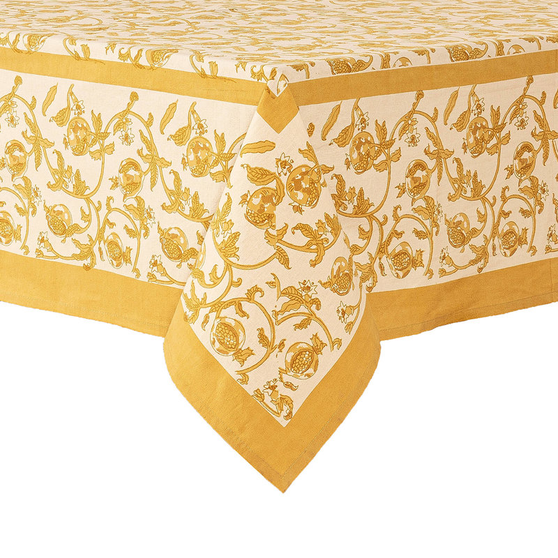 Granada Handmade Floral Tablecloth, 106" L x 71" W, Mustard/White