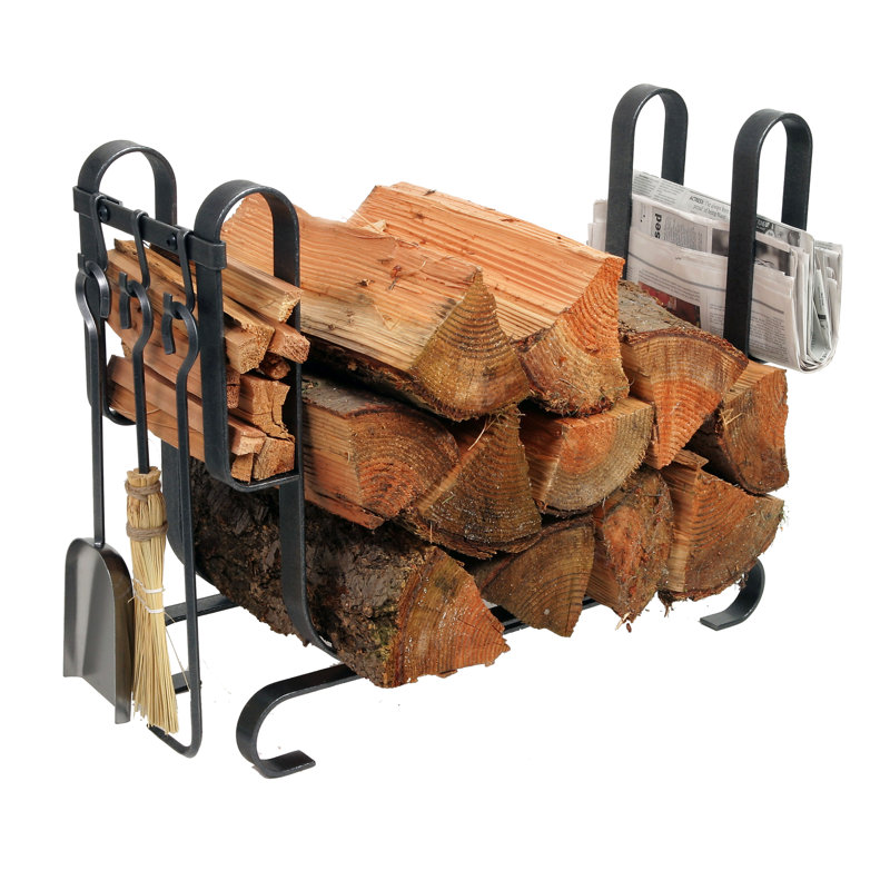 Handcrafted Large Modern Fireplace Log Rack with Base & 3 Tools