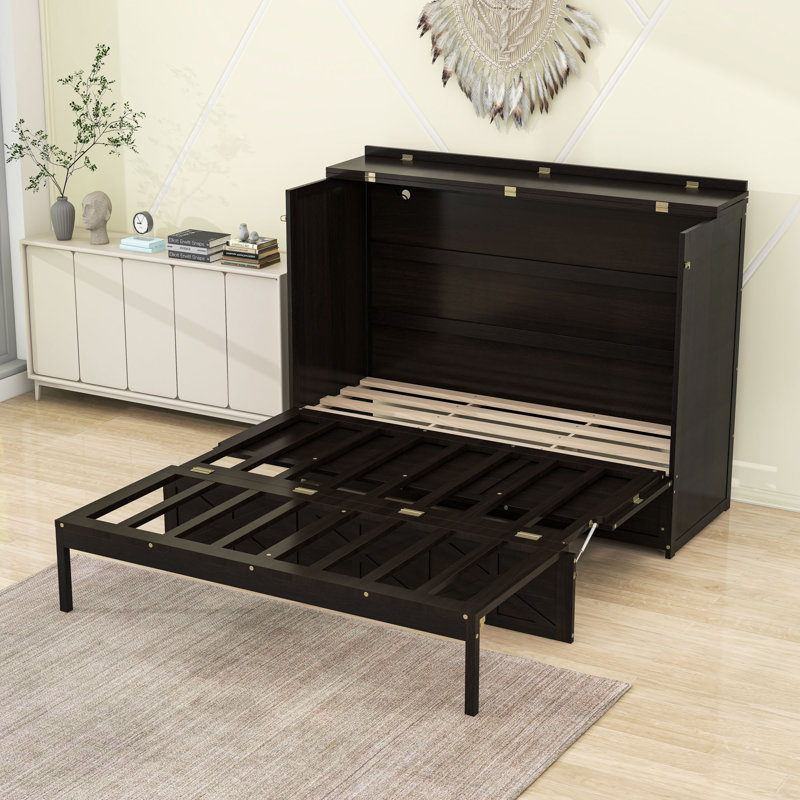 Grand lit escamotable avec prises USB / électriques intégrées et tiroirs de rangement élégants, Espresso