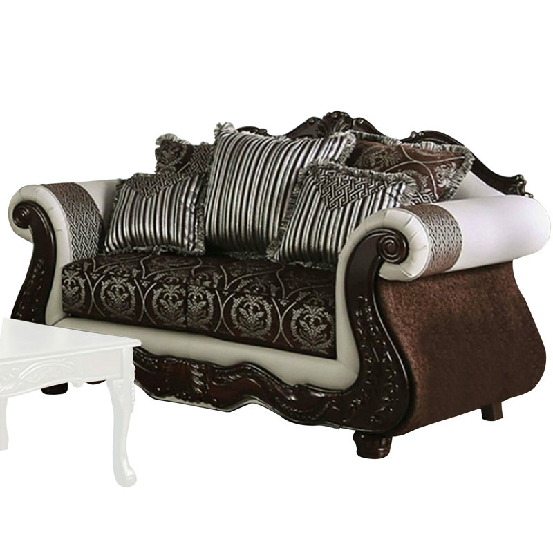 Causeuse Aby, 5 coussins, similicuir, chenille brun blanc 72 po, Brun / Blanc