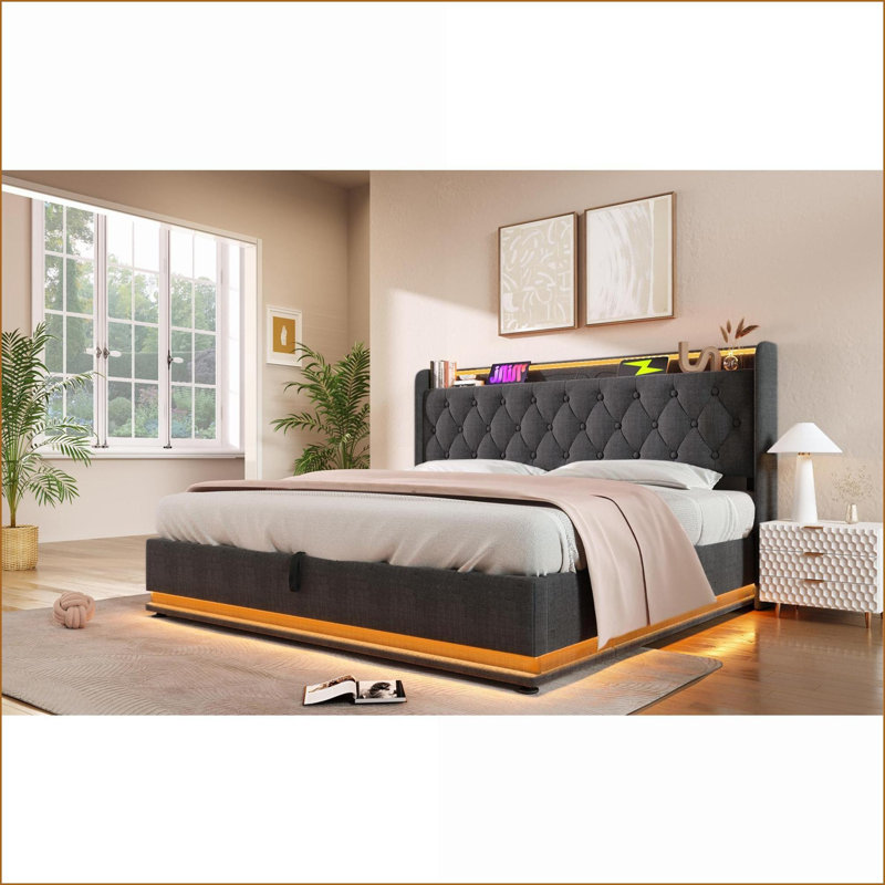 Structure de lit très grand revêtue de lin en métal avec rangement hydraulique, 360 lumières DEL, charge USB-C, aucun sommier nécessaire, gris pour la chambre principale