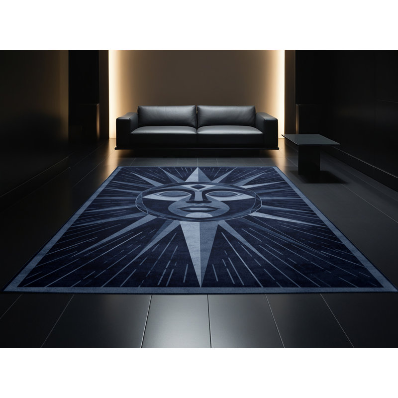 Tapis gris d'inspiration mondiale lavable à la machine Calhoun - reliure marine, 7 x 9