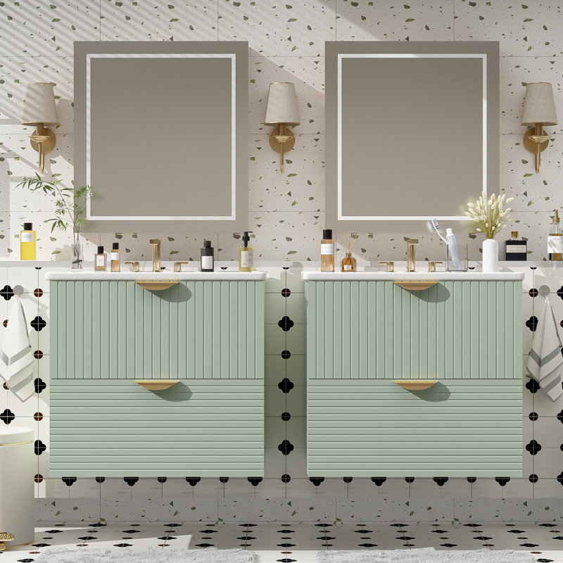[Meuble-lavabo double mural vert moderne 48 po] Lavabos séparés | 4 tiroirs | Combo de rangement compact pour petite salle de bain