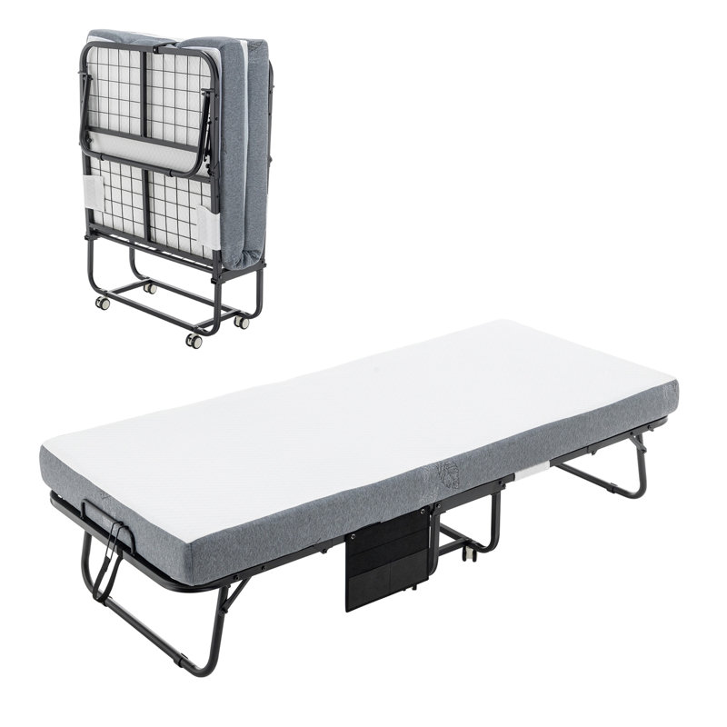 Lit pliant avec matelas pour adultes, lit pliant en métal 75 po x 31 po pour invité avec matelas en mousse à mémoire de forme sur roulettes, lit escamotable peu encombrant