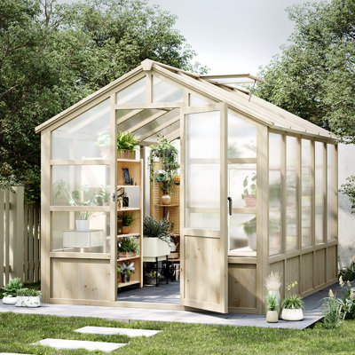 8x10 Ft Wooden Walk-in Greenhouse with Polycarbonate Panels, Heavy-Duty Cedar Frame, Lockable Door and Adjustable Vents for Backyard Gardening