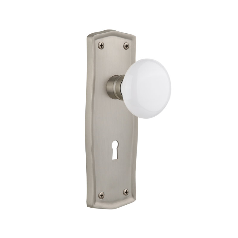 Plaque Prairie avec trou de serrure décoratif et bouton de porte en porcelaine blanche, 2 3/4 po, Nickel satiné
