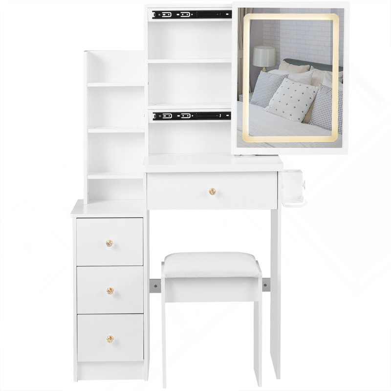 29.2" Small Size Left Bedside Cabinet Vanity Table With Cushioned Stool,2 AC Outlets And 2 USB Ports Power Station,Hair Dryer Bracket,Brightness Adjustment