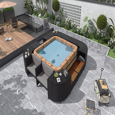 Spa Surround Spa Frame Quadrilateral Outdoor Rattan Sectional Sofa Set With Mini Sofa,Wooden Seats And Storage Spaces, Beige