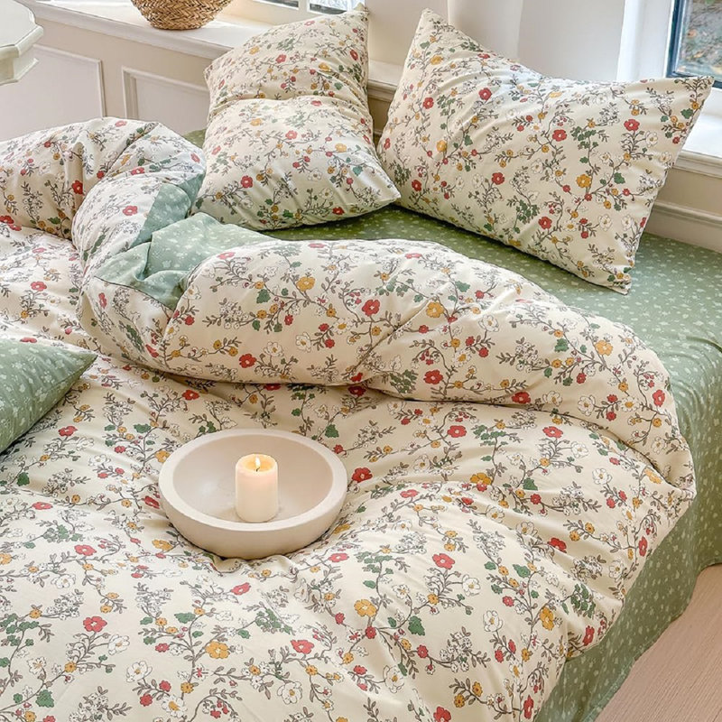 100% Cotton Beige Green Small Flower Leaves Colorful Plant Pattern Soft Duvet Cover