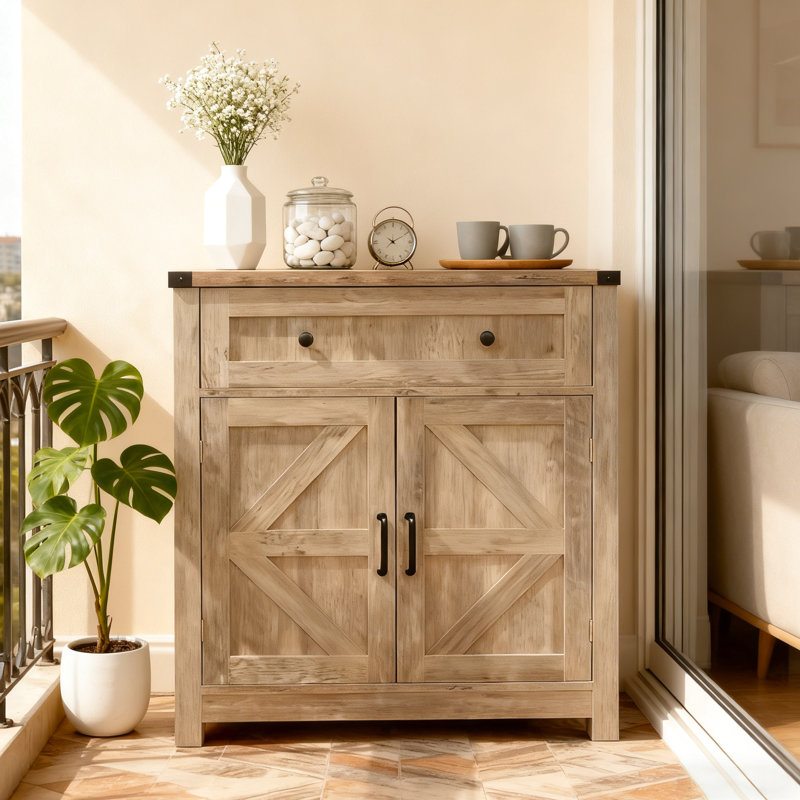 Buffet à porte de grange avec tiroir - Bois gris délavé, convenant à la cuisine, à la salle de bain, au balcon, à la salle à manger et au vestibule, armoire de rangement en argent avec porte en bois de grange classique, un tiroir, deux portes,