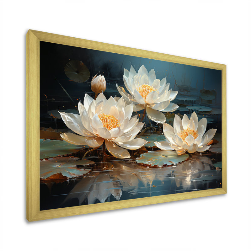 Fleurs de lotus baignées au clair de lune - Art sur toile de lotus, H 24 po x l 32 po x P 1 po, Cadre doré simple