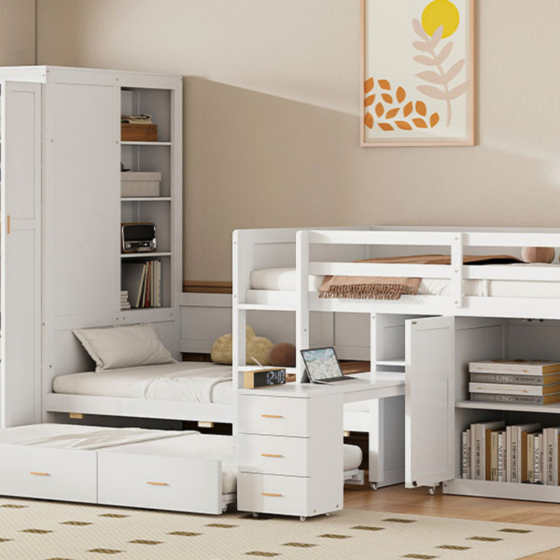 Lit simple superposé en bois avec lit gigogne, armoire, armoire, bureau et tiroirs pour une utilisation maximale de l'espace