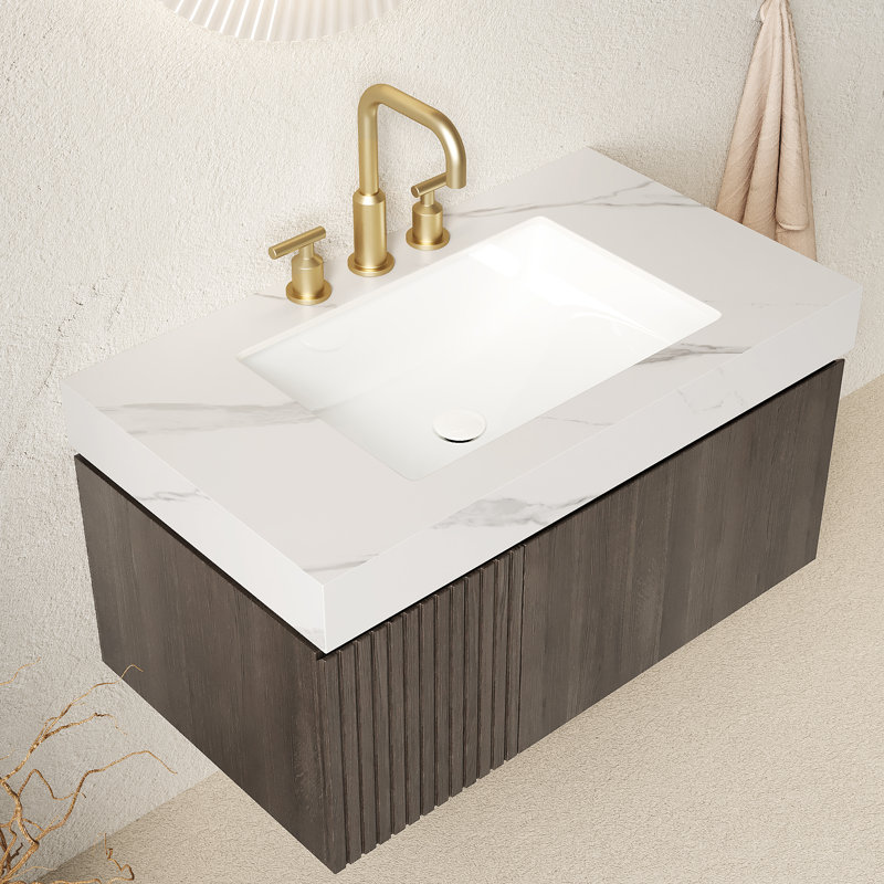 Meuble-lavabo flottant mural Adwin, Noyer fumé, Blanc de Carrare