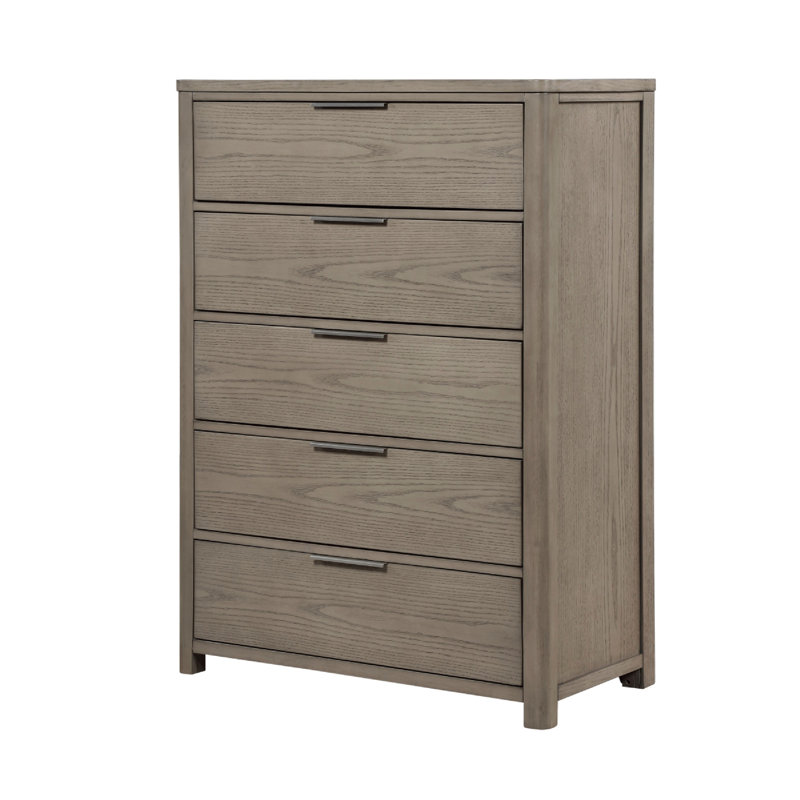 Commode haute Delv, 5 tiroirs, poignées chromées, chêne gris clair