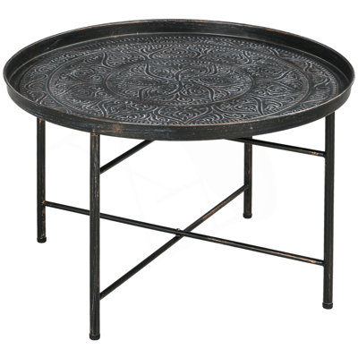 24 Inch Round Coffee Table With Hammered Tray Top