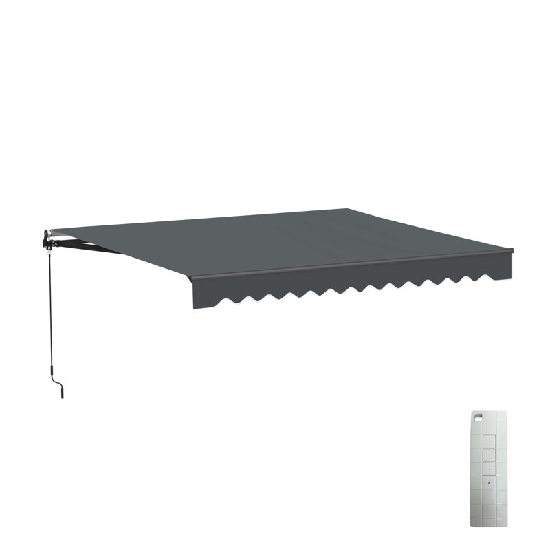 Motorized Retractable Patio Awning- Black Frame, 12' W x 10' D, Charcoal Gray, Solid Color