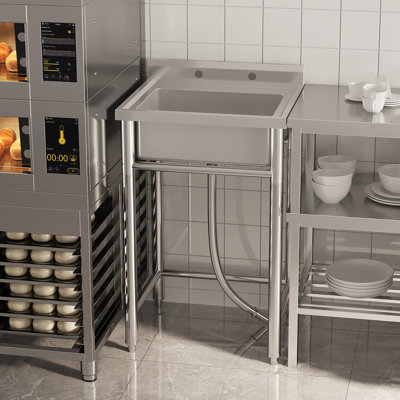 Stainless Steel Utility Sink, Freestanding Single Bowl with Backsplash & Shelf, Heavy Duty Basin for Laundry