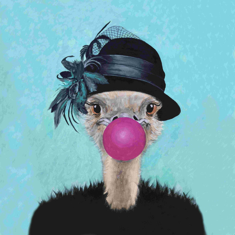 " Ostrich With Bubblegum ", 20" H x 20" W, Wrapped Canvas, No