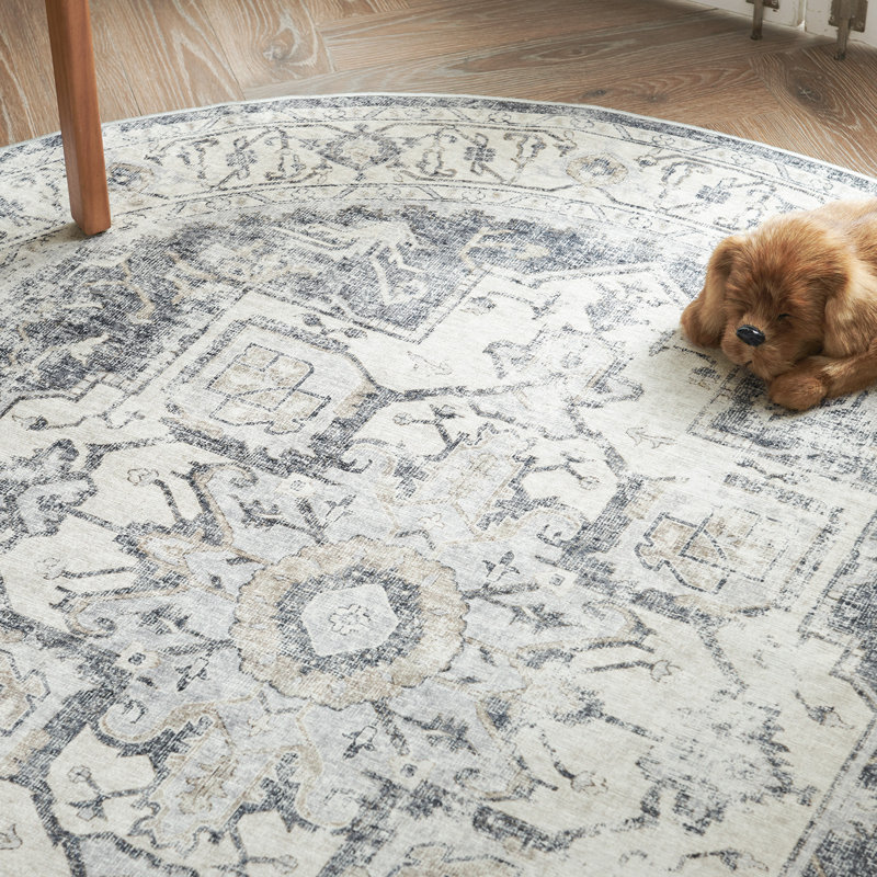 Rens Moroccan Chenille Mashine Washable Indoor Arae Rug with Non-Slip Backing , Round 5', Medallion Gray