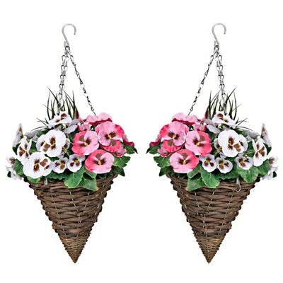 2 x Cone Shaped Hanging Baskets with Purple & White Flowers and Decorative Grasses (Set of 2)