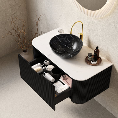 Meuble-lavabo 36 po avec lavabo, armoire de rangement flottante, cuve en céramique noire, motif pierre, pré-assemblé et blanc, tiroir à rayures 3D, fermeture en douceur, contreplaqué haute résistance, facile