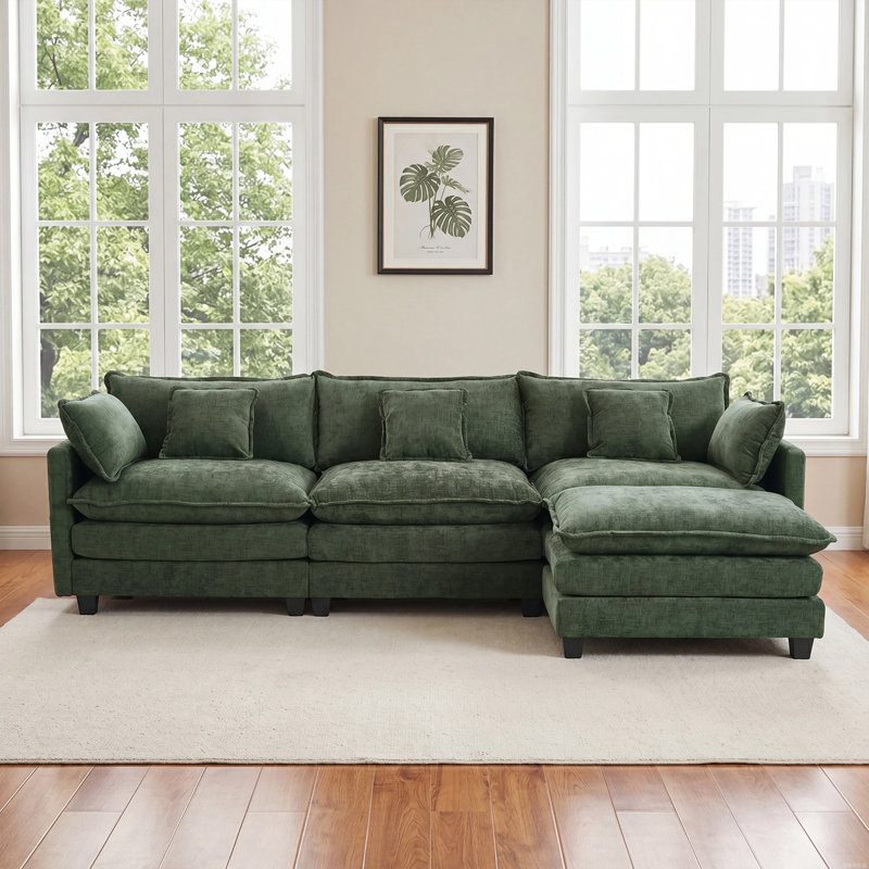 108" Modular Chenille Sectional Sofa with Movable Ottoman, Deep Seats, Side Pockets & 5 Pillows, Green Chenille