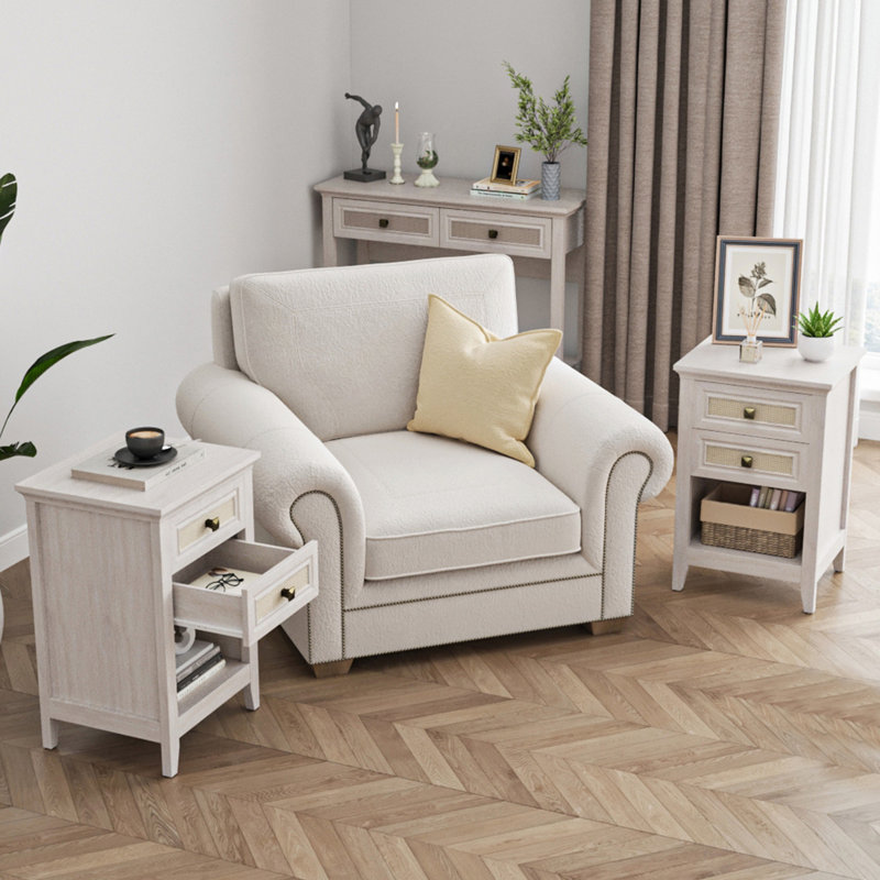 Rattan Deco Nightstand,Set of 2, White, Set of 2