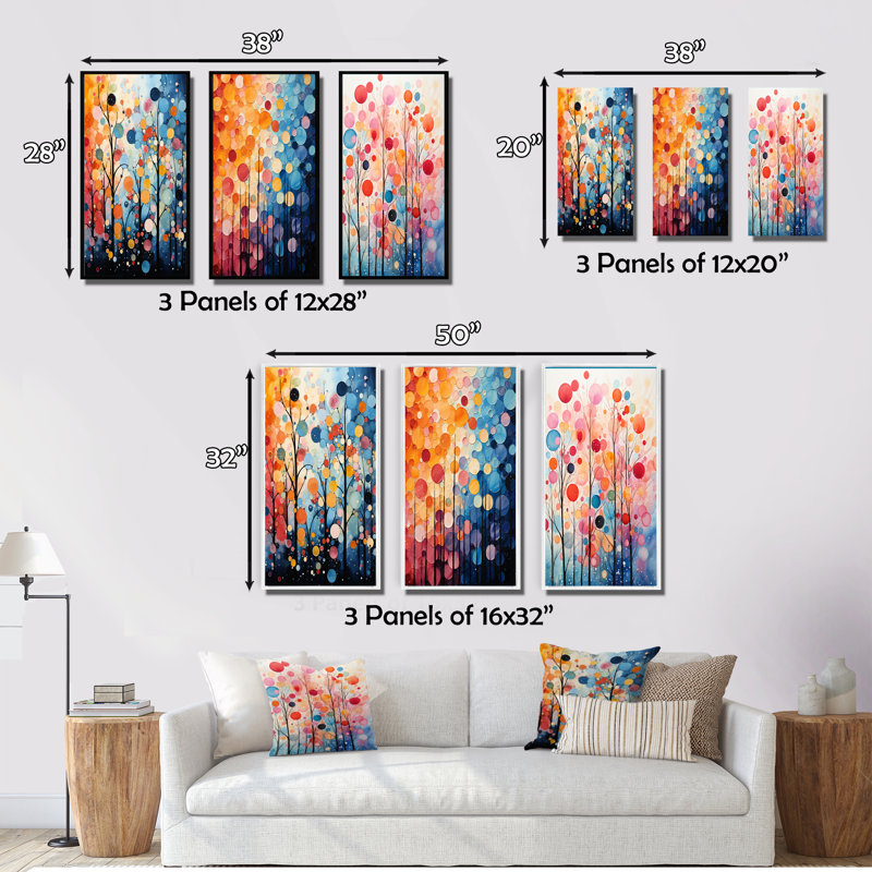 «Mid Century Retro Rhythms», 3 pièces sur toile, H 32 po x l 48 po, Cadre flottant noir