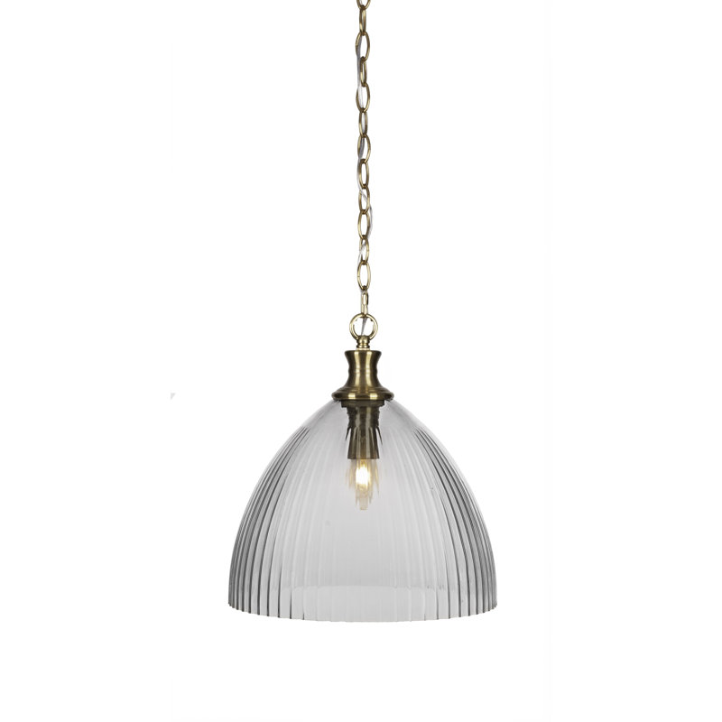 Luminaire suspendu à chaîne Chestle avec verre côtelé transparent de 14 po, Laiton New Age