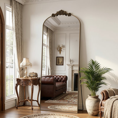Vintage Arched Full Length Mirror with Carved, Oversized Floor Mirrors for HomeDecor