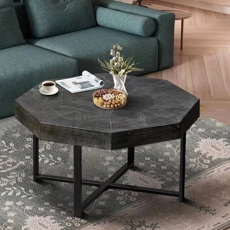 Table basse en bois octogonale rétro avec patchwork de 30 pouces en bois, Noir antique