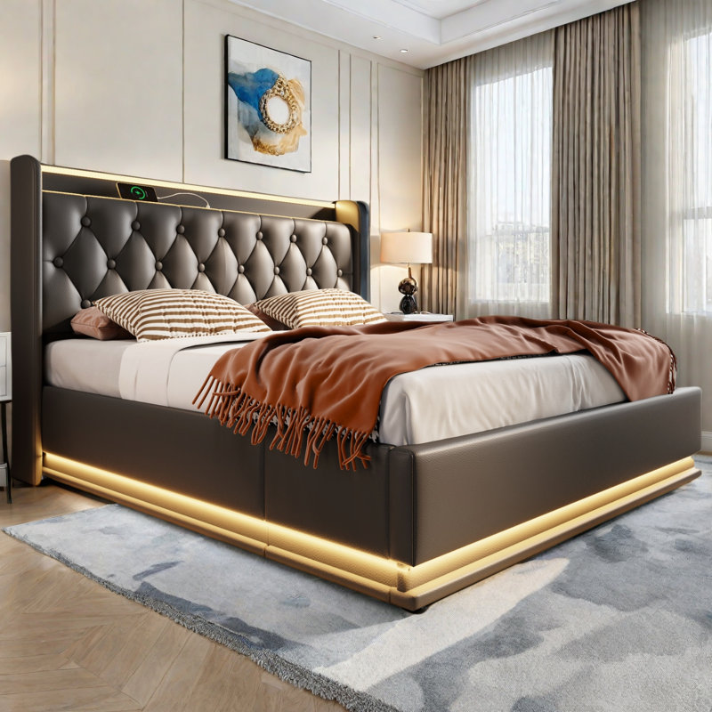 Lit tapissier avec DEL, lit de rangement hydraulique avec charge USB Type-C, Lit double