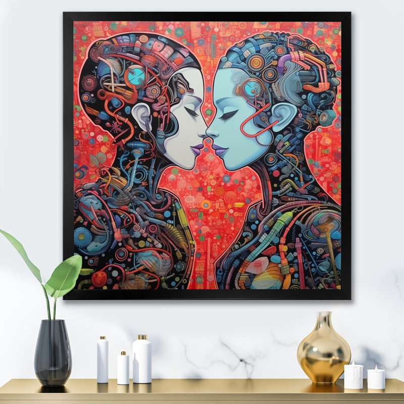 Charmant Robots célébrant l'amour rétro - reproduction sur toile, H 16 po x l 16 po x P 1 po, Cadre simple noir