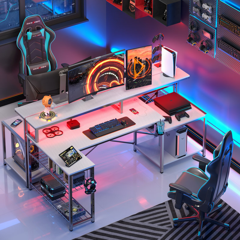 Minaya LED Gaming Desk with Power Outlet, L-Shaped Computer Desk with Monitor Stand, White, 35.8" H x 71.5" W x 19.7" D