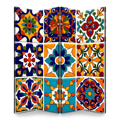 Mexican 4 Panels Folding Screen Room Divider Royal Colorful Floral Geometric Tile Mediterranean Canvas Screen Room Separator Freestanding Protective Wall Divider Privacy Partition