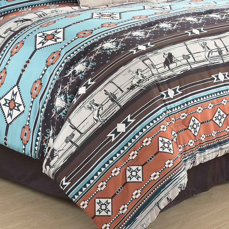 Southwestern Cabin Lodge Bedding Comforter, Full Comforter+2 Standard Shams+3 Throw Pillows
