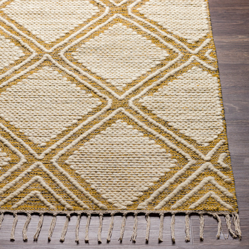 Tapis jaune / beige en coton / laine tissé à plat à la main Aaira Ikat, Rectangle 2 pi x 3 pi