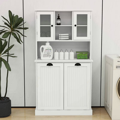 Armoire de salle de bain inclinable à deux compartiments avec panier à linge haut et 2 tablettes réglables