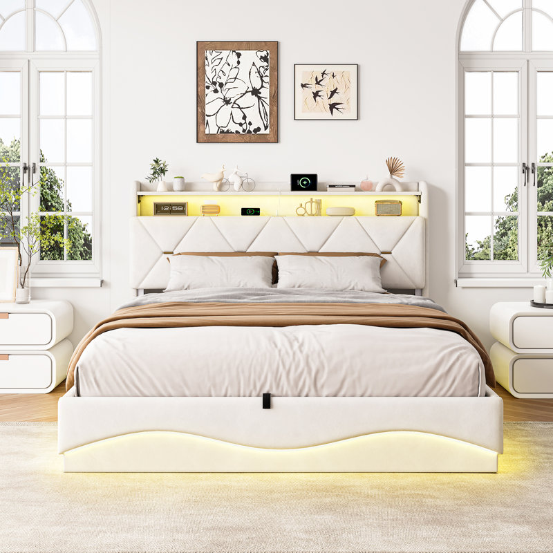 Upholstered Bed, Beige, European Double (140 x 200 cm)
