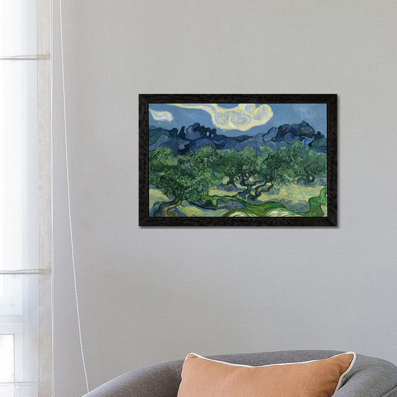 Olive Trees With The Alpilles In The Background by Vincent Van Gogh - Painting on Canvas, Black Floater Framed