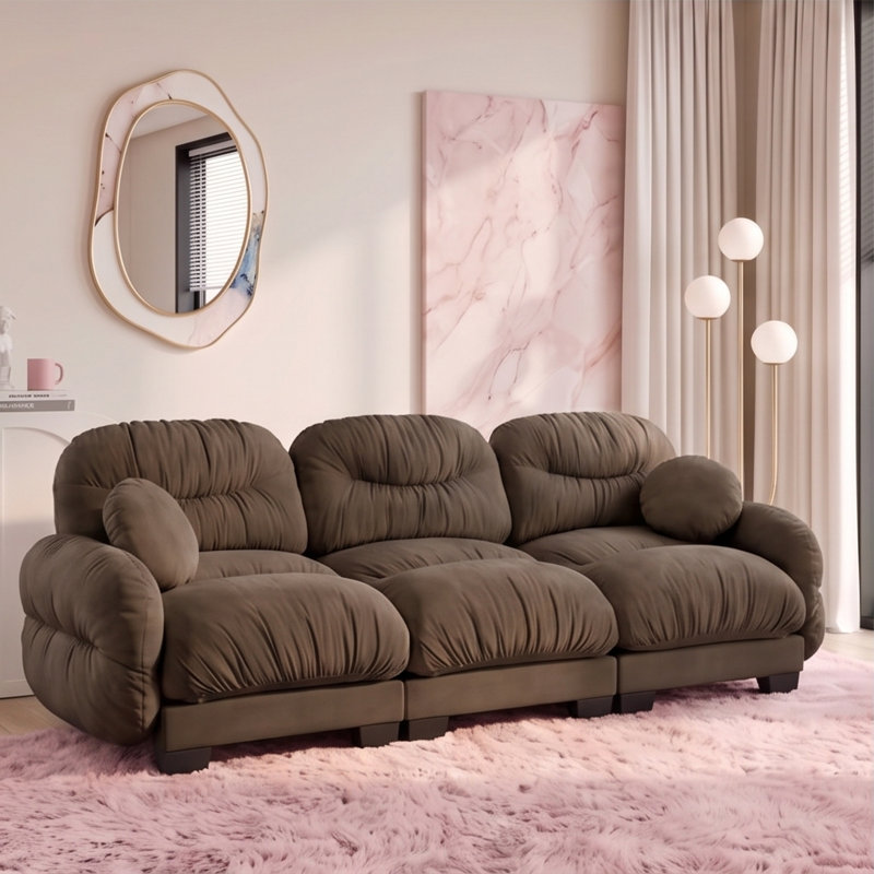 Canapé modulaire 3 places en chenille plissée avec siège ergonomique en mousse, accoudoirs incurvés et 2 coussins décoratifs