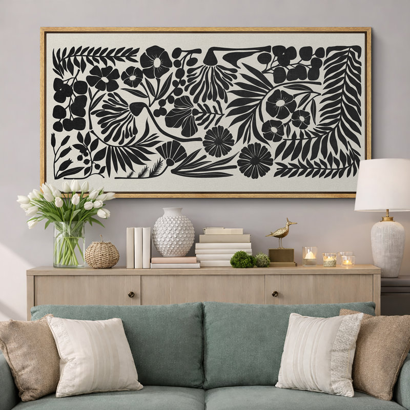 Black and White Botanical Pattern Modern Minimalist Floral Wall Decor for Living Room Bedroom Office Extra Large Pictures Framed Canvas Print Wall Art