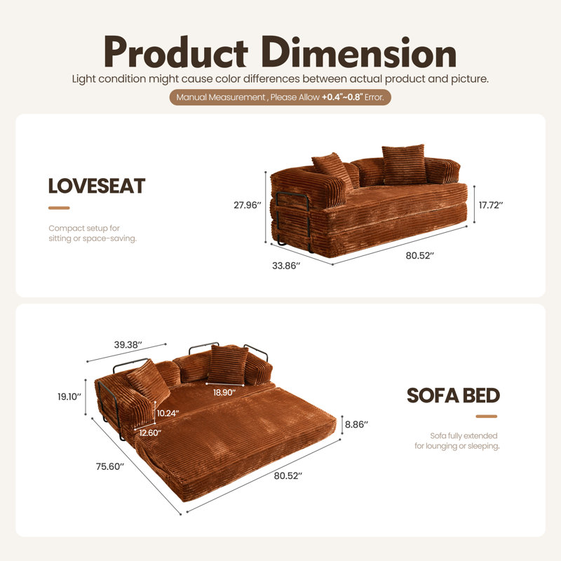 80.5'' Mordern Convertible Sleeper Sofa Corduroy Loveseat Sofa Bed, Foldable Floor Couch, Chestnut Brown