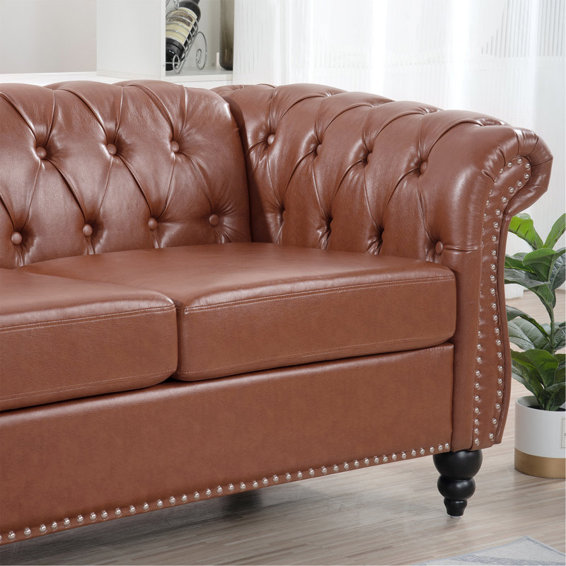 Canapé Chesterfield 84,6 po rembourré en similicuir avec accoudoirs roulés à 3 places et pieds en bois massif, Brun