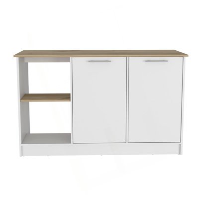 Kitchen Island With Large Countertop, Open Storage Shelves And Double Door Cabinet