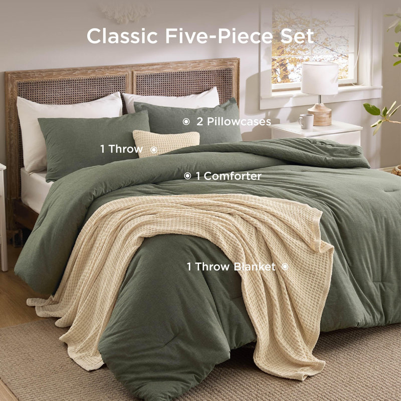 Bedsure Cotton Comforter with Throw Waffle Blanket and Decorative Pillow,Bedding Comforter Sets, Olive Green