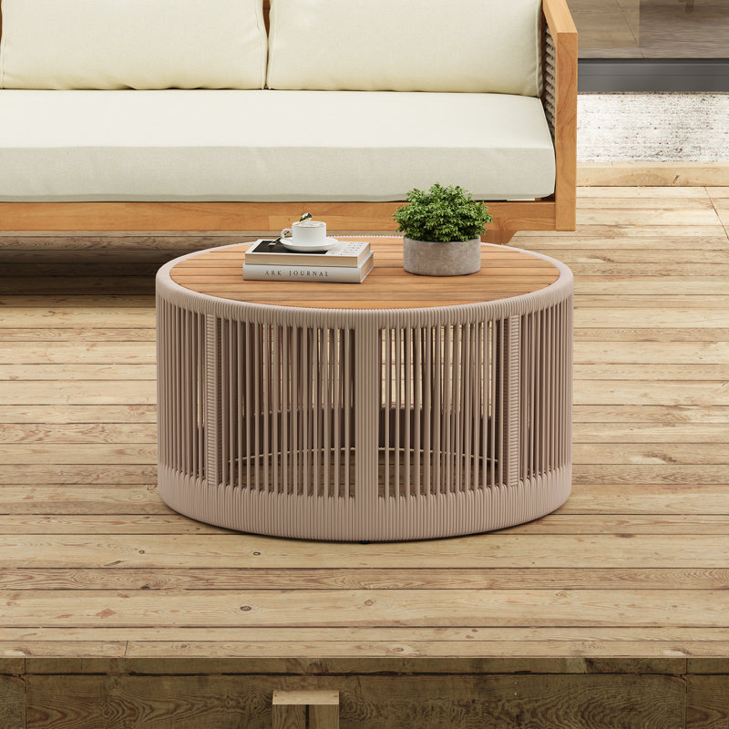 Table basse d'extérieur en corde de rotin et bois d'acacia, Beige