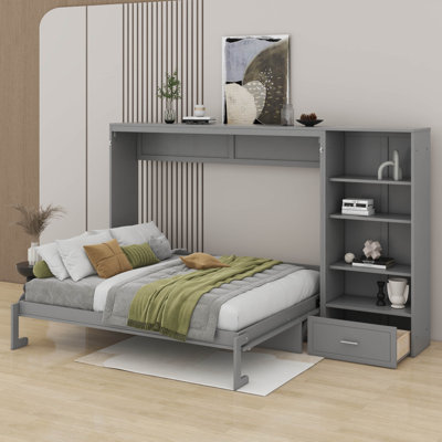 Grand lit escamotable avec compartiments de rangement et tablettes réglables en hauteur, lit escamotable avec tiroir
